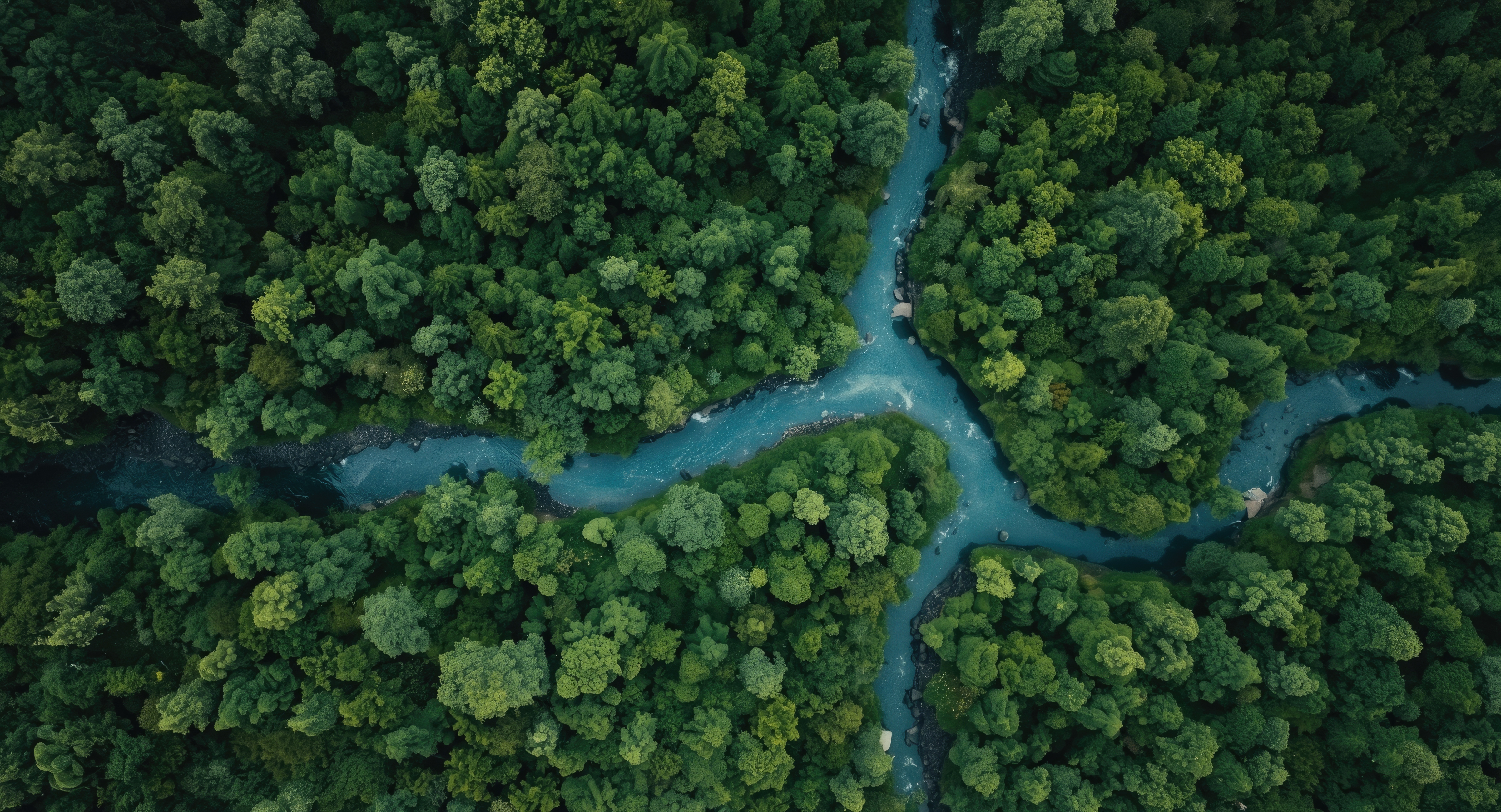 Aerial view of the forest with a river